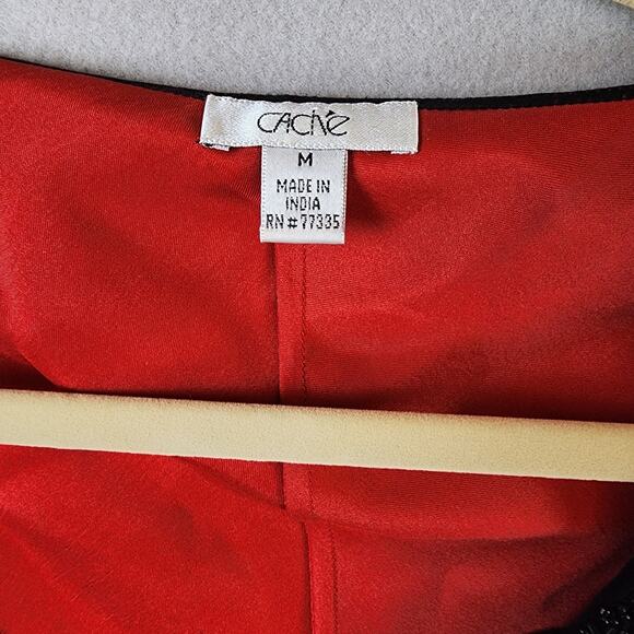 Caché 100% Silk Sheer Blouse Medium Beaded Bell Sleeves Red Black - Picture 10 of 12